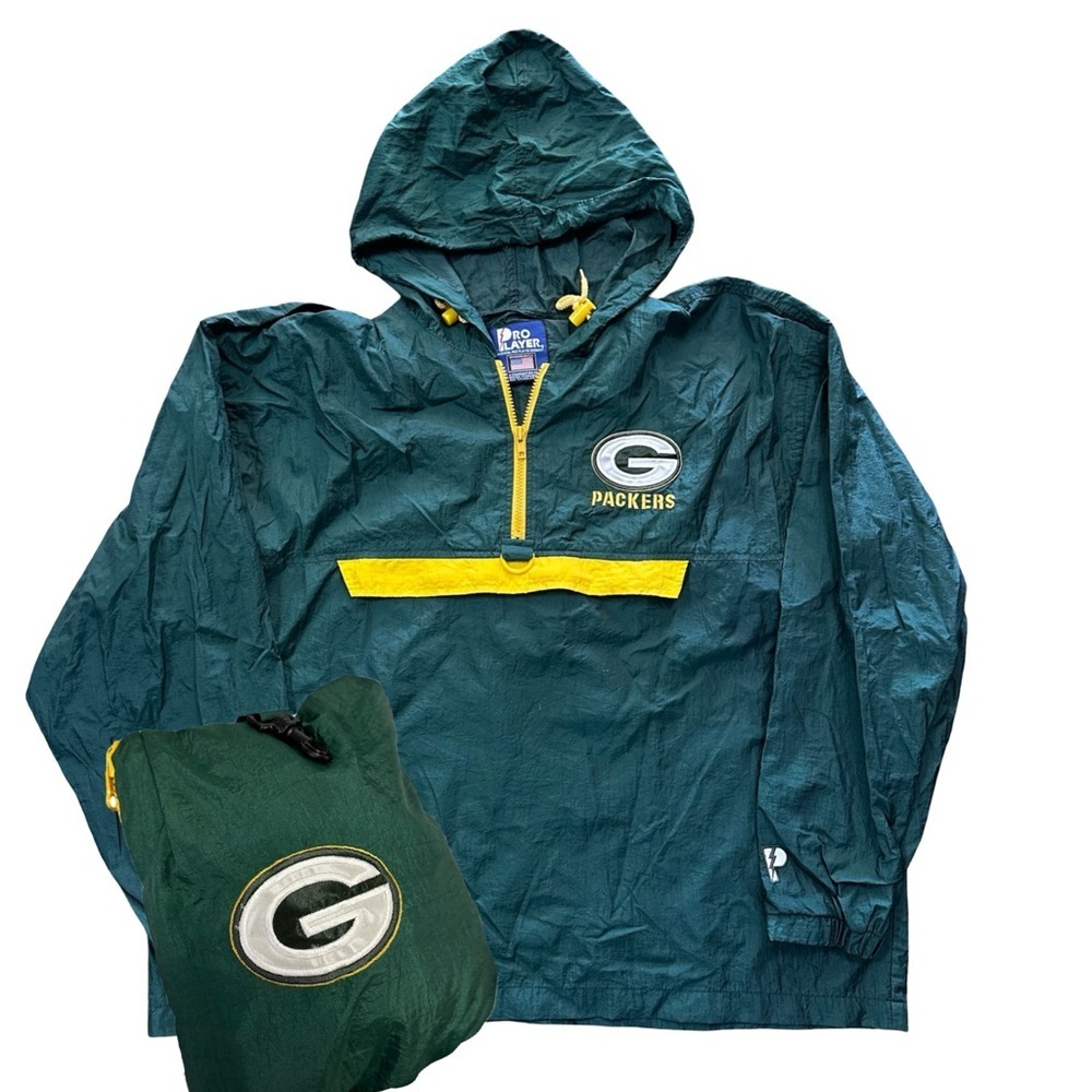 VTG 90s Pro Player Green Bay Packers NFL Football Windbreaker Large 1/4 Zip